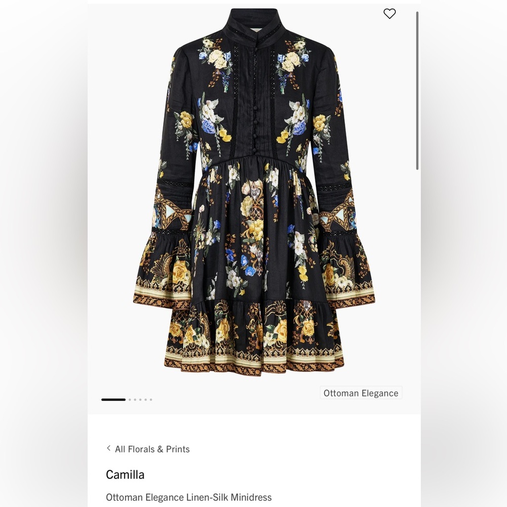 Camilla Black Floral Bell-Sleeve Mini Dress with Yellow & Blue Accents - NWT